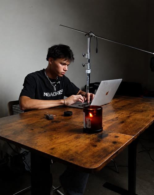 Cameron working at his desk